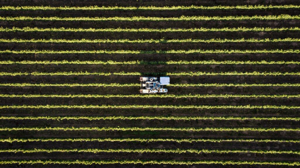 Vista aérea de um trator trabalhando entre fileiras de plantação, representando a atividade agrícola e os desafios financeiros enfrentados pelo produtor rural, como a necessidade de alongamento da dívida rural.